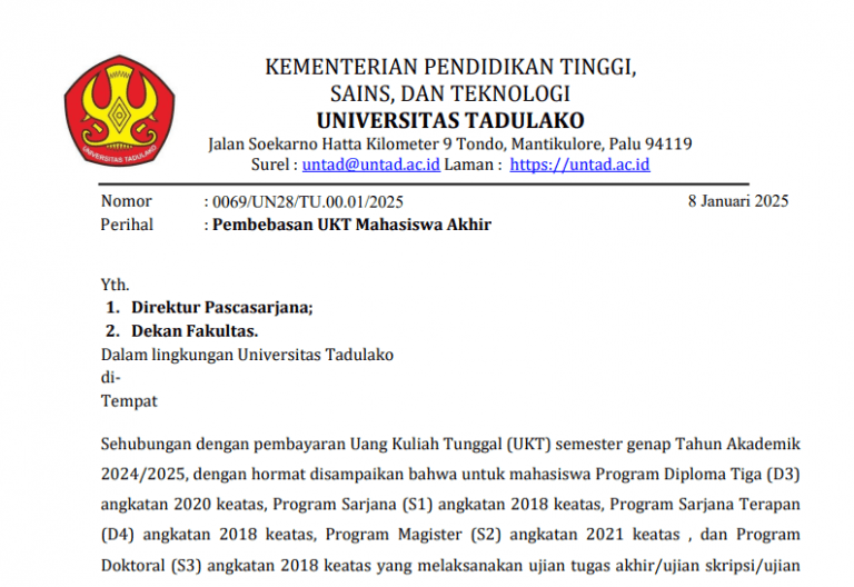 Pengumuman Pembebasan UKT Mahasiswa Akhir Semester 2023 Genap