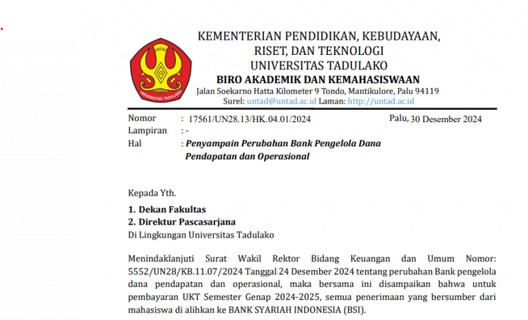 Pengumuman Penyampaian Perubahan Bank Pengelola Dana Pendapatan dan Operasional